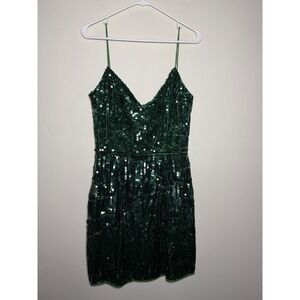 Mac Duggal 93646 Green Sequin V Neck Spaghetti Strap Mini Dress Size S